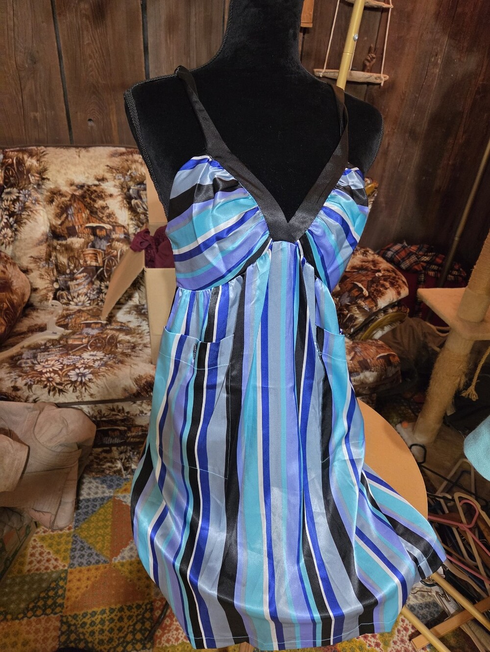 Johnny Martin Blue and Teal Striped Satin Slip Dress